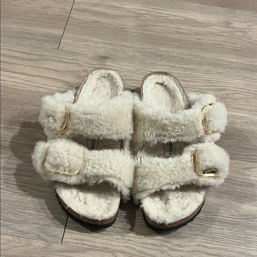 Fuzzy Cream Sandals with Gold Buckles Birkenstock